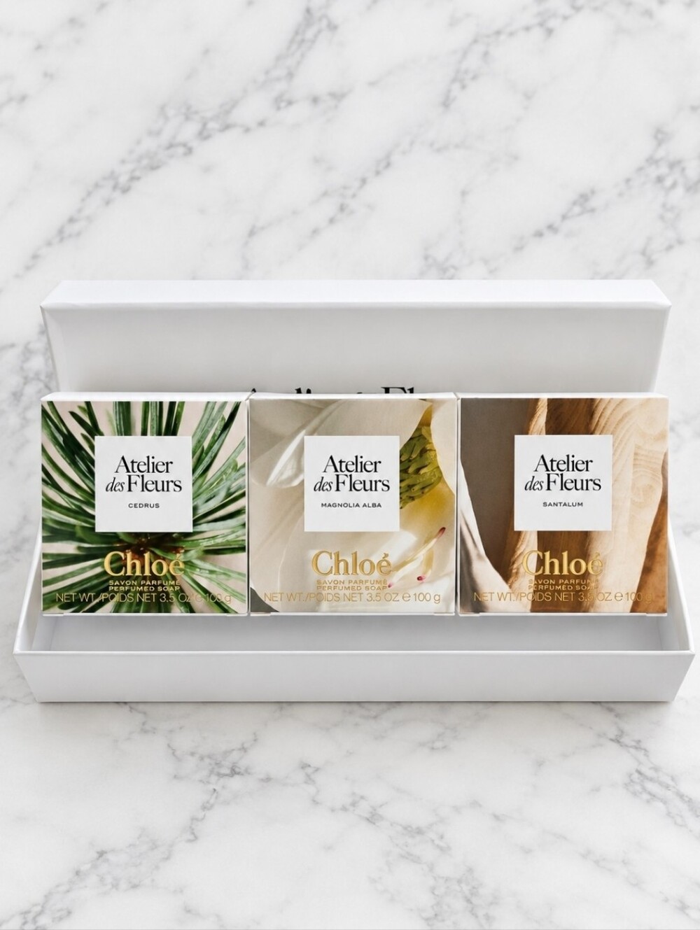 Chloe Atelier des Fleurs Soap Set NIB!  $105 MSRP Cedrus, Magnolia Alba, Santalu
